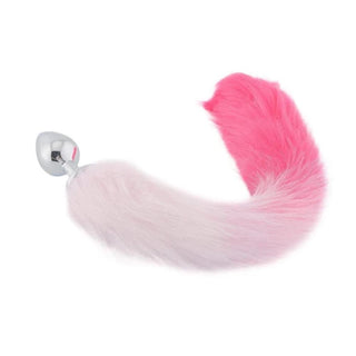 You are looking at an image of Sexy White and Pink Cat Stainless Steel Fox Tail Plug 18 Inches Long, featuring the rust-resistant stainless steel plug and the soft and sensual faux fur tail, ensuring comfort, safety, and a pleasurable experience during intimate play.