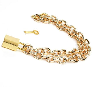 What you see is an image of Locking Chain Bondage Necklace Choker in gold color with a padlock pendant.