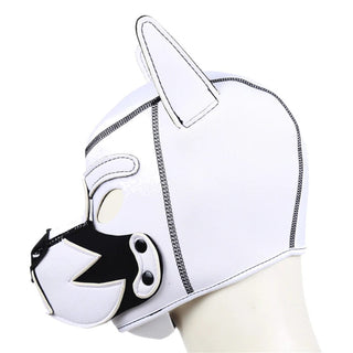 View of Comfy White Puppy Play Hood Bondage in white with black details, perfect for introducing a playful punishment.