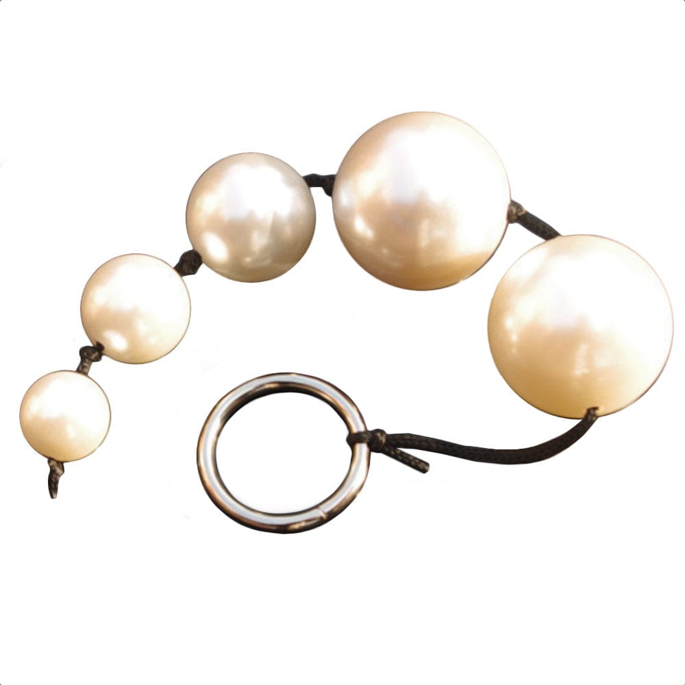 A close-up of the Golden Orb Anal Sex Toy String Balls, featuring beads in increasing sizes for heightened sensations.