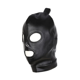 Displaying an image of Leather Mask With Ponytail made from high-quality synthetic leather for sensual safety.