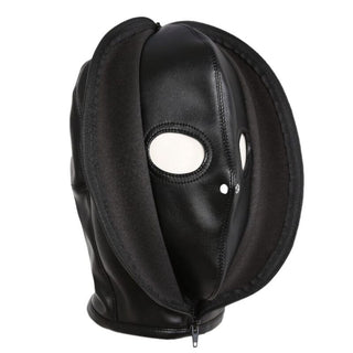 Check out an image of the Full Leather Sensory Deprivation Gimp Hood designed for immersive experiences.