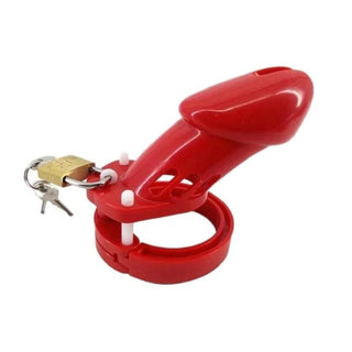 Pictured here is an image of a small red plastic chastity cage for Growers, not Showers