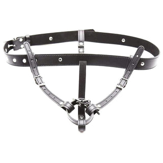 Here is an image of Leather Strap on Cock Ring Harness with adjustable straps and attachable leather ring.