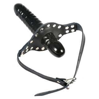 What you see is an image of Sadistic Gag Order Face Dildo showcasing the leather strap and silicone dildo materials.