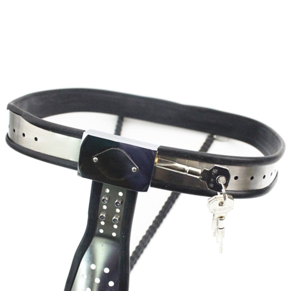 Observe an image of the male chastity belt for exploring orgasm control and dominance in relationships.