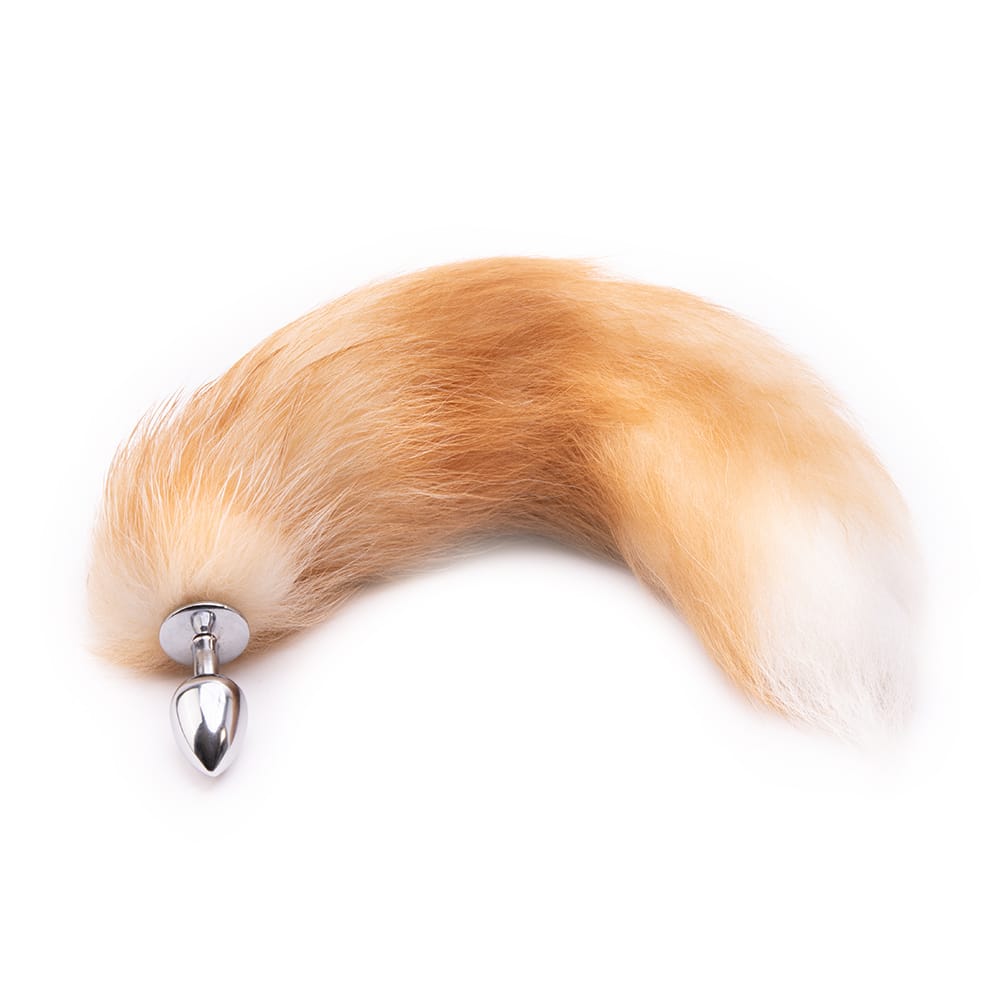 Presenting an image of 16 - 17 Light Brown Fox Tail Metal plug with dimensions of 15.75 - 16.54 in length