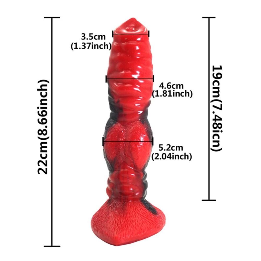 Image of Ferocious Red Animal Knotted Sex Toy - A deer dildo in fiery red and black, 9.06 inches total length with 7.68 inches insertable length.