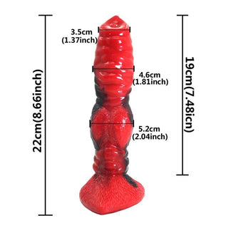 Image of Ferocious Red Animal Knotted Sex Toy - A deer dildo in fiery red and black, 9.06 inches total length with 7.68 inches insertable length.