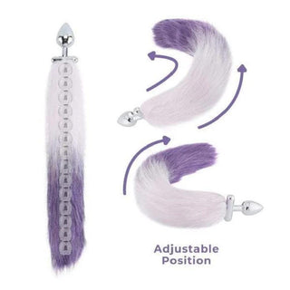 Presenting an image of 18 Shapeable White With Purple Fox Tail Butt Plug Metal, featuring the removable faux fur tail for easy cleaning and maintenance.