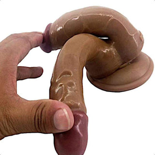 This is an image of a brown double-headed dildo with dimensions A: 6.30 length, 1.46 diameter and B: 5.91 length, 1.57 diameter.