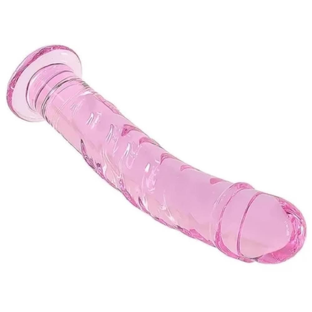 An elegant translucent pink glass dildo with a broad, flared base for stability and satisfying orgasms.