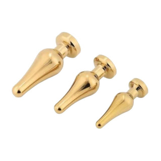Sleek and weighted metal butt plug set with acrylic crystal handle in gold and other colors