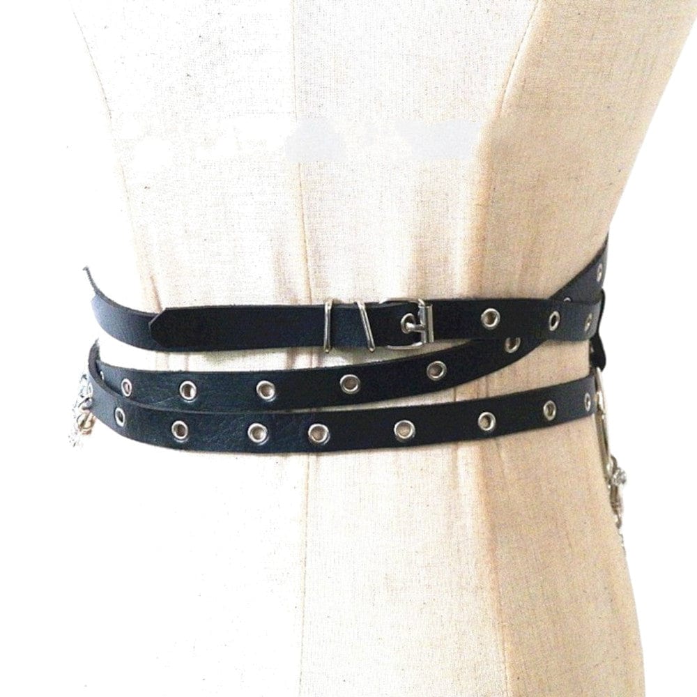 Here is an image of the Leather Chains BDSM Belt Strap specifications including color, material, and dimensions.