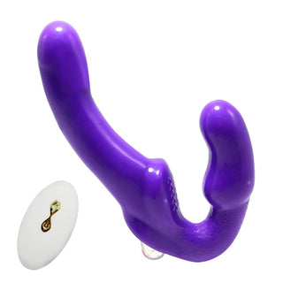 Displaying an image of Double-Ended Pegging Strapless Dildo with two vibrating arms for ultimate pleasure.