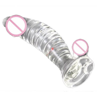 An image showing the flared base and balls of the Clear Masturbation Crystal Glass Dildo for safe play and easy retrieval.