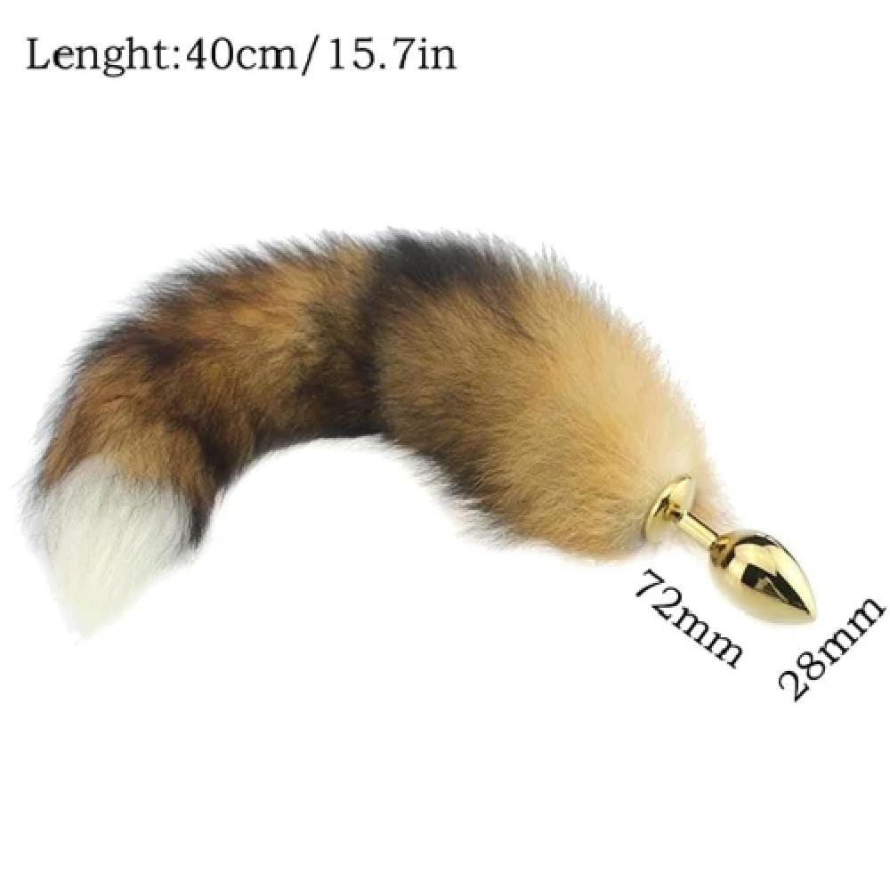 Take a look at an image of Brown Faux Fur Metallic Cat Tail Fox Tail Plug with Brown, Black, Yellow, and White Tail, 15 Inches Long