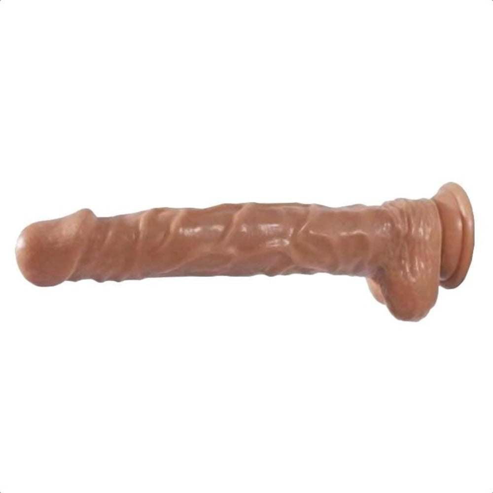 A picture of a TPE dildo with a bulbous head, raised veins, and a pair of balls for added stimulation.