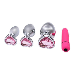 Pink Jewel Heart-Shaped Princess Anal Plug With Vibrator 2.8 to 3.66 Inches Long Training Kit