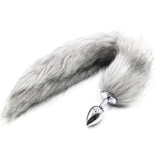 Displaying an image of Seductive Fox Tail Plug 17 Inches Long in silver with a brown faux fur tail.