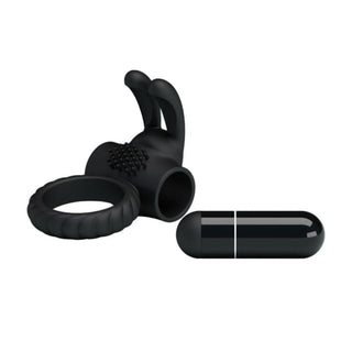 Featuring an image of Erection Lock Black Bunny Cock Ring, a black silicone cock ring with detachable vibrator for added stimulation.