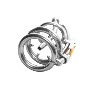 An image showing the silver Urethral Chastity Cock Cage, a hygienic and body-safe option for pleasure and pain enjoyment.