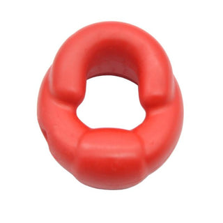 Skin-friendly silicone material in a red cock and ball ring for safe and sensual experience.