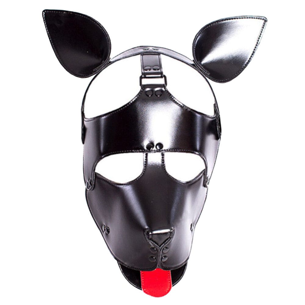 This is an image of Racy Pup Black Leather Puppy Hood, a sleek black leather mask with a playful tongue sticking out for added excitement.