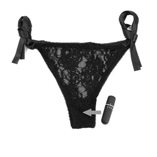Remote Controlled Lace Vibrator Panties image showcasing compact size and black ribbons for added elegance.