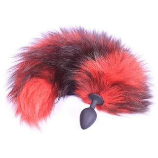 Red and Black 16 Fox Tail Silicone Butt Plug - A close-up view of the plug with a luxurious red and black faux fur tail attached.