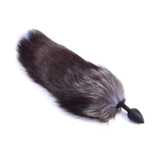 View of the 18 Seductive Wolf Tail with a sleek stainless steel plug and luxuriously soft faux fur tail.