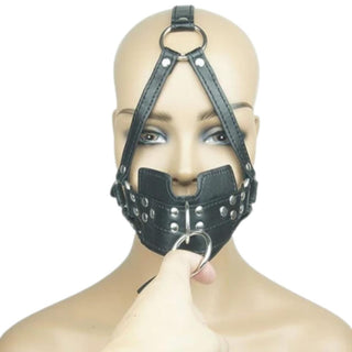 Image of Shameful Human Slave Face Muzzle with adjustable straps, metal studs, and front metal O-ring for additional restraints.