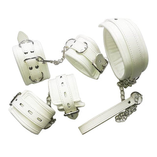 Fashionable Fur Wrist Thigh Ankle Cuffs in White Leather set with collar, handcuffs, and ankle cuffs.