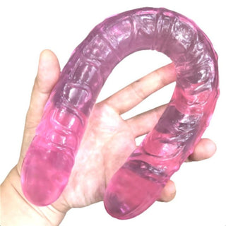 Featuring an image of the 16.5 inch double dildo with realistic penis tips and bendable design for shared penetration.
