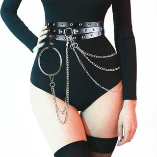 Check out an image of Leather Chains BDSM Belt Strap in black color with adjustable chains and O-rings.