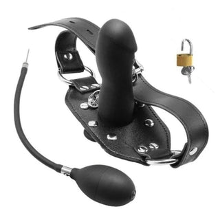 Observe an image of Locking Mouth Toy Bondage in black color made of silicone and PU leather.