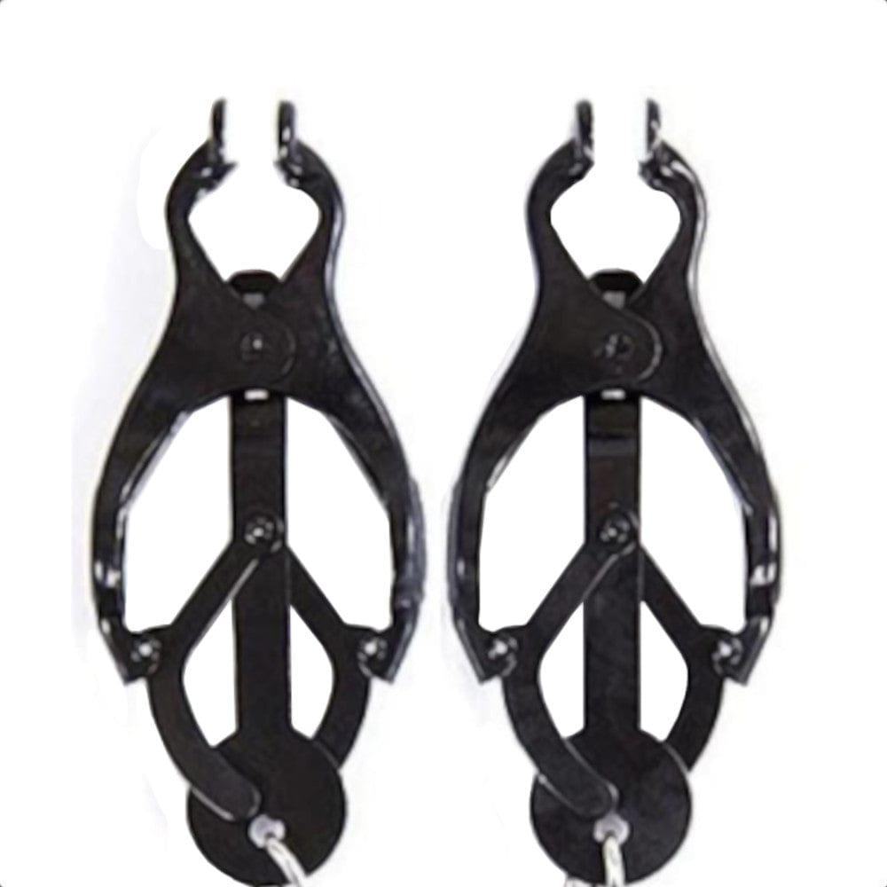 An aesthetic image of the Black Butterfly Nipple Clamps with Chain showcasing the black and silver color combination.