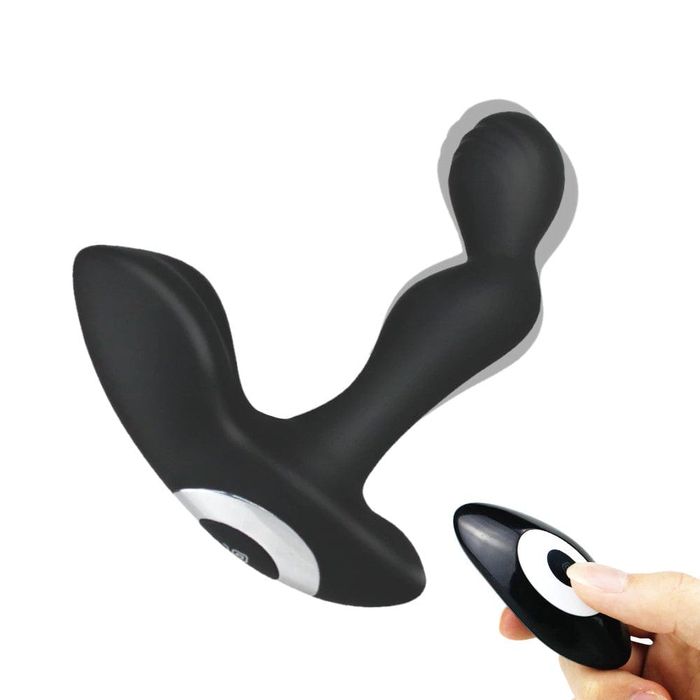 This is an image of Fiery Prostate Massager Stimulator, a black silicone anal stimulator with angled shaft and bulbous tip.