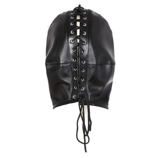 In the photograph, you can see an image of the Full Leather Sensory Deprivation Gimp Hood offering comfort and durability.