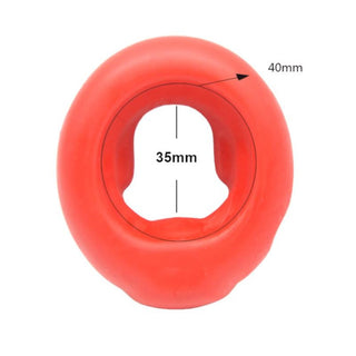 Red silicone cock and ball ring designed for ultimate pleasure and satisfaction.
