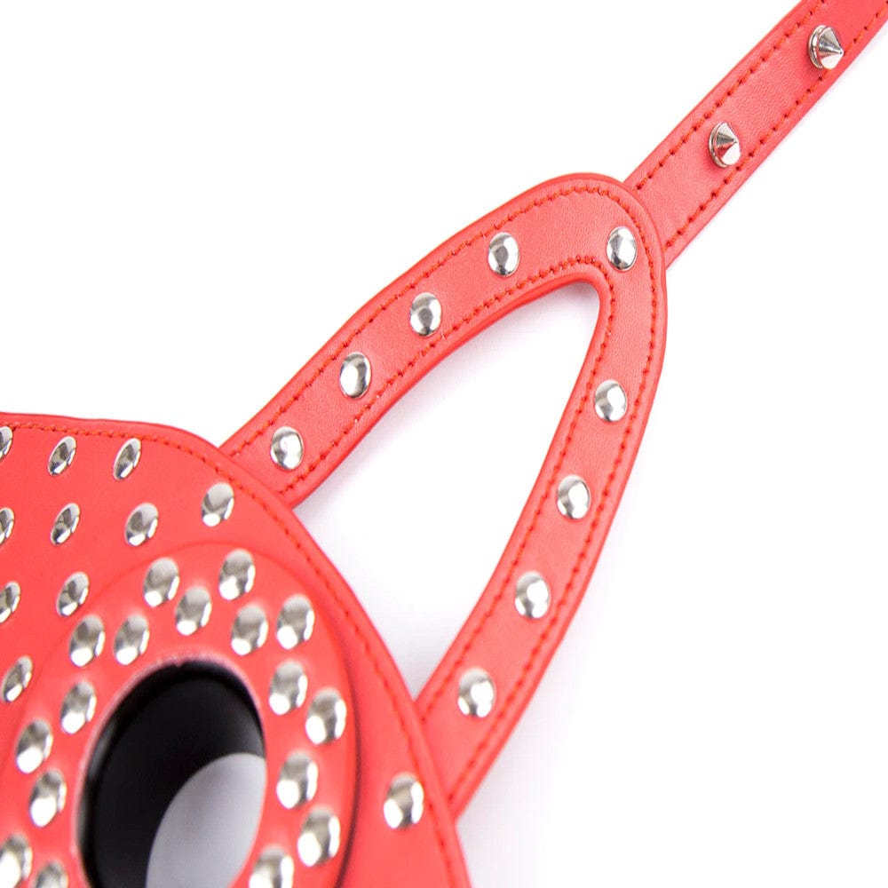 Studded Gothic Face Muzzle with a functional tube for limiting speech and enhancing power dynamics.