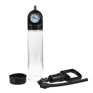 You are looking at an image of Erection Extender Assist Penis Pump with Vacuum Gauge Enlarger made from ABS, PVC, and silicone for comfort and durability.