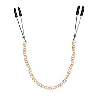 Take a look at an image of Gold Chained Tweezer Nipple Clamps with a length of 11.81 inches for a comfortable grip.