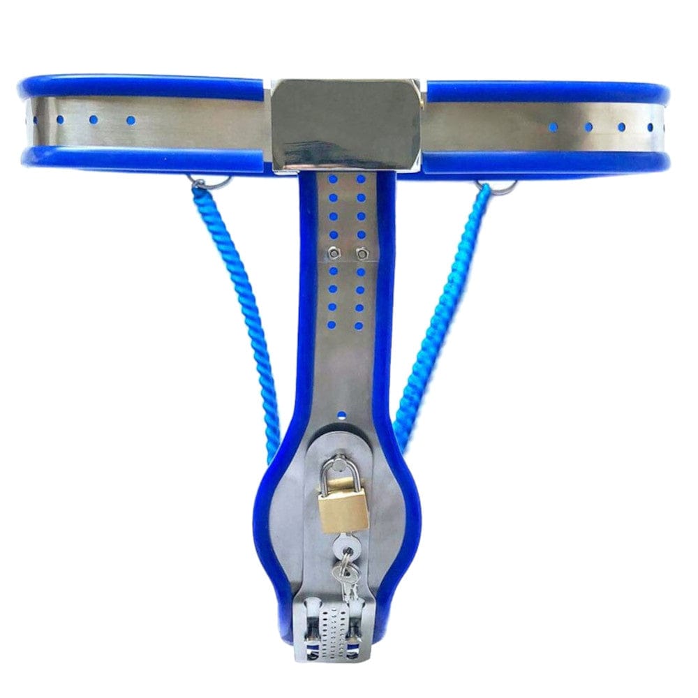 A blue Female Masturbation Prevention Permanent Chastity Belt for tantalizing tease and denial games.