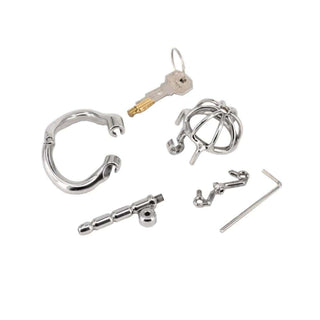 Pictured here is an image of the Mini Spiked Urethral Male Chastity Cage made for dominance play, with adjustable rings and insertable plug.
