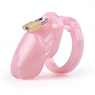 Featuring an image of the Pink Plastic Small Clitty Cage showcasing its smooth, non-abrasive surface and secure metal padlock for prolonged wear.