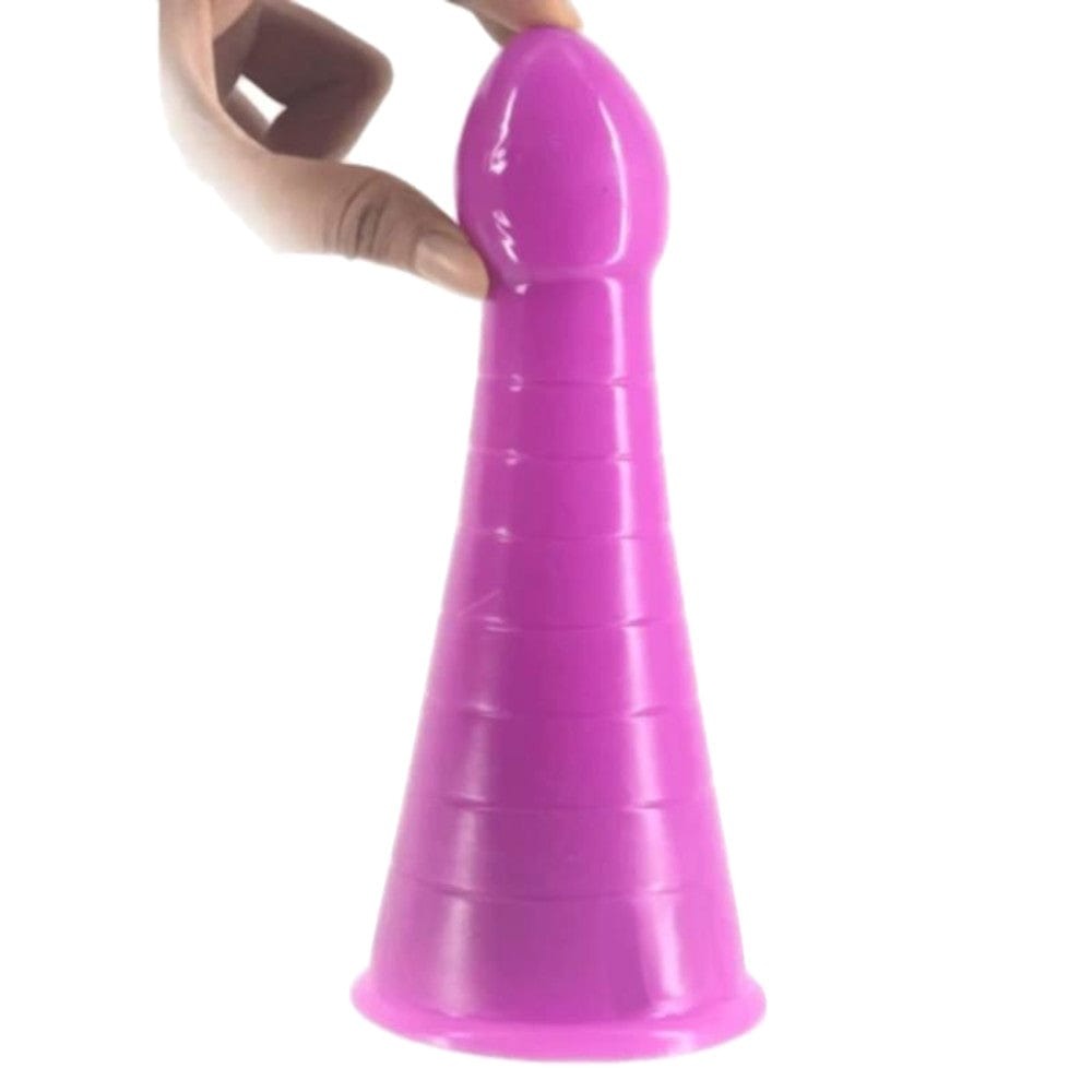 A detailed image of the Big Bad Cone-Shaped Anal Plug, featuring a smooth, ribbed body and a strong suction cup base for secure attachment on flat surfaces.