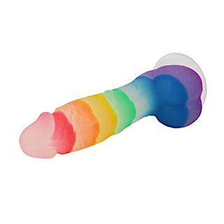 A vibrant image of the rainbow dildo with veiny shaft for titillating massage.