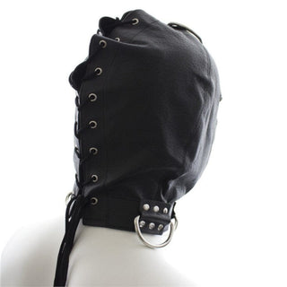 Photo of Slave Punishment Hood in black color with comfortable fit and stylish grommet details.
