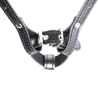 Image of Leather Strap on Cock Ring Harness with waist circumference and attachable leather ring length.
